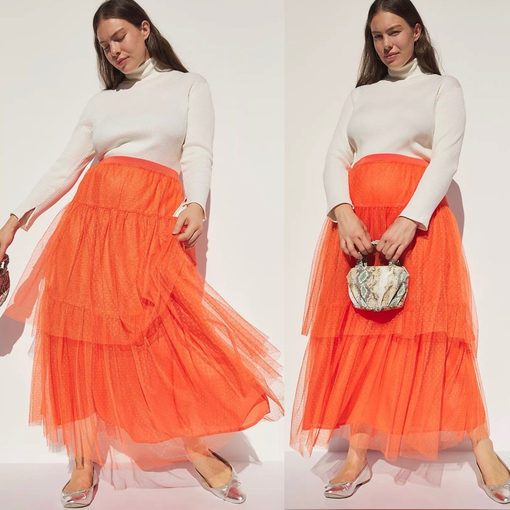 Anthropologie Petite Evelyn Tulle Tiered Midi Skirt Orange MP